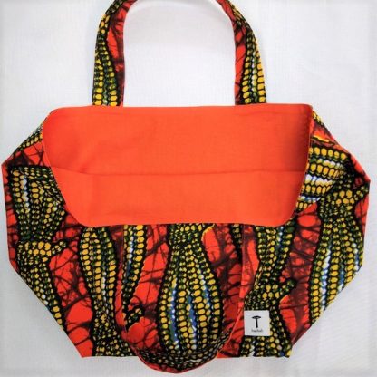 <span style="color: #ff6347; font-style: bold;">【売切】</span><br>077<br>アフリカ布の<br>エコバッグ（大） <br>オレンジ＆イエロー - 画像 (2)