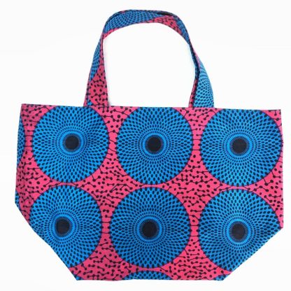 <span style="color: #ff6347; font-style: bold;">【売切】</span><br>072<br>アフリカ布の<br>エコバッグ（大） <br>ピンク＆ライトブルー