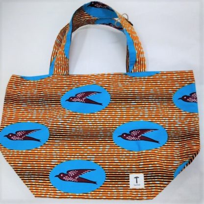 <span style="color: #ff6347; font-style: bold;">【売切】</span><br>028<br>アフリカ布の<br>エコバッグ（大） <br>オレンジ＆ブルーバード