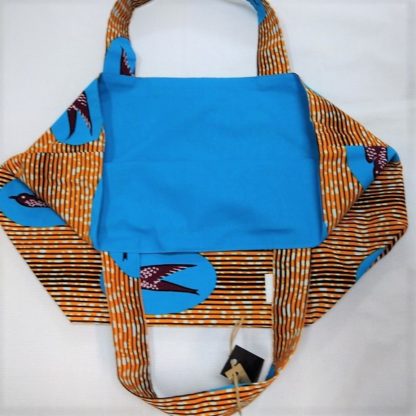<span style="color: #ff6347; font-style: bold;">【売切】</span><br>028<br>アフリカ布の<br>エコバッグ（大） <br>オレンジ＆ブルーバード - 画像 (2)