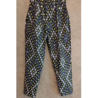 <span style="color: #ff6347; font-style: bold;">【売切】</span><br>083<br>アフリカ布の<br>タックパンツ<br>ネイビー&ドロップ