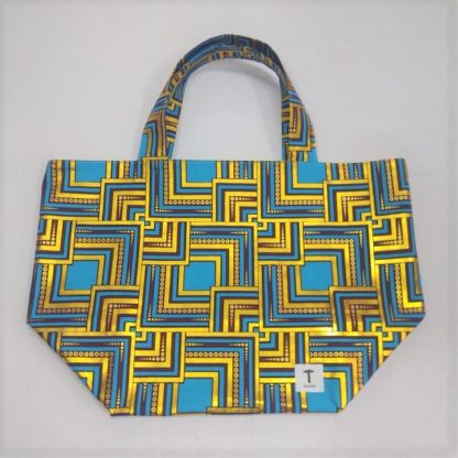 <span style="color: #ff6347; font-style: bold;">【売切】</span><br>115<br>アフリカ布の<br>エコバッグ（大） <br>ブルー＆ゴールド