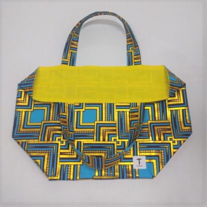 <span style="color: #ff6347; font-style: bold;">【売切】</span><br>115<br>アフリカ布の<br>エコバッグ（大） <br>ブルー＆ゴールド - 画像 (2)