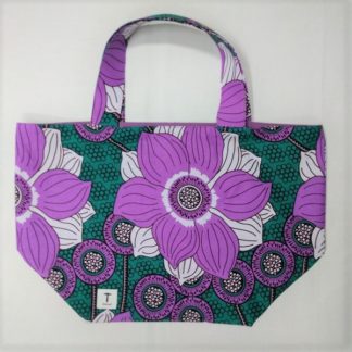 <span style="color: #ff6347; font-style: bold;">【売切】</span><br>269<br>アフリカ布の<br>エコバッグ（大） <br>グリーン＆パープルフラワー