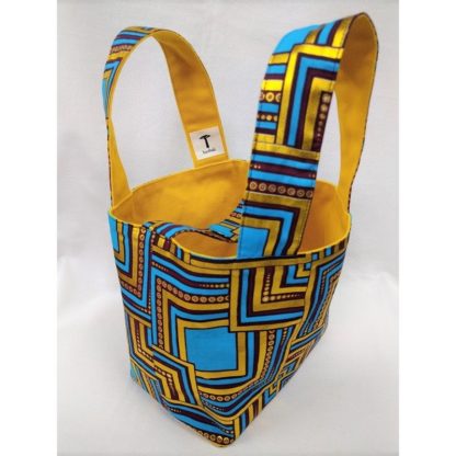 <span style="color: #ff6347; font-style: bold;">【売切】</span><br>046アフリカ布のトートバッグ<br>小<br>ブルー＆ゴールド - 画像 (2)