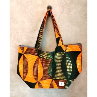 <span style="color: #ff6347; font-style: bold;">【売切】</span><br>261<br>アフリカ布の<br>エコバッグ（大）<br>オレンジ＆ブラック