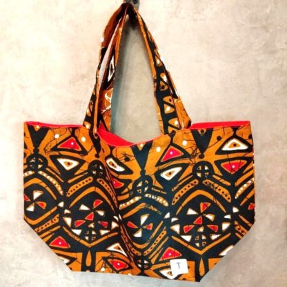 <span style="color: #ff6347; font-style: bold;">【売切】</span><br>260<br>アフリカ布の<br>エコバッグ（大）<br>オレンジ