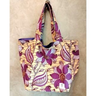 <span style="color: #ff6347; font-style: bold;">【売切】</span><br>255<br>アフリカ布の<br>エコバッグ（大）<br>パープルフラワー